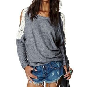 Solemio Los Angeles Cold Shoulder Crochet Top Sweatshirt Size S Gray Long Sleeve